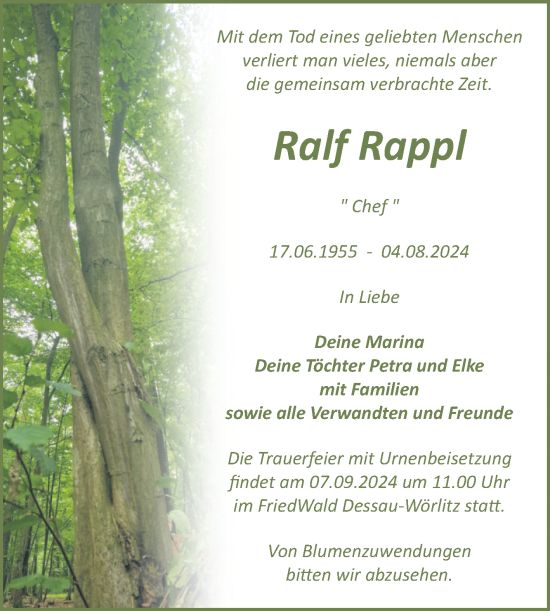 Traueranzeige von Ralf Rappl von Trauerkombi Bitterfeld