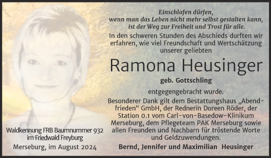Traueranzeige von Ramona Heusinger von Trauerkombi Merseburg