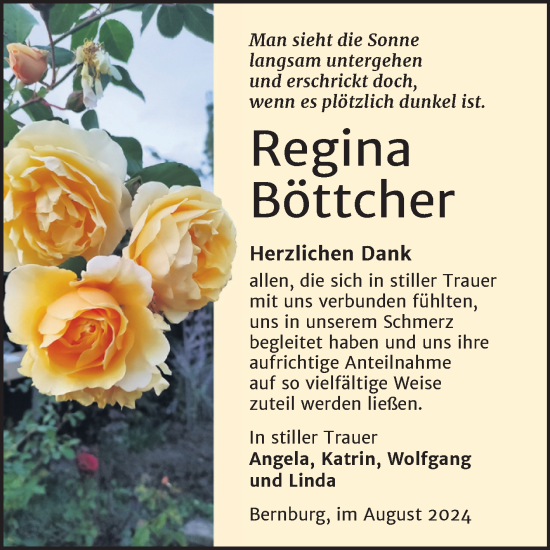 Traueranzeige von Regina Böttcher von Trauerkombi Bernburg