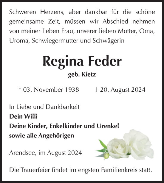 Traueranzeige von Regina Feder von Volksstimme Altmark Ost