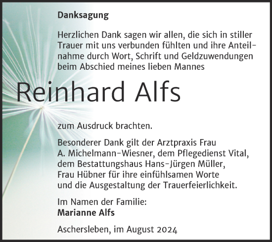 Traueranzeige von Reinhard Alfs von Trauerkombi Aschersleben