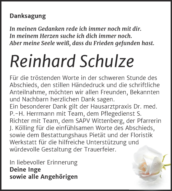 Traueranzeige von Reinhard Schulze von Trauerkombi Wittenberg