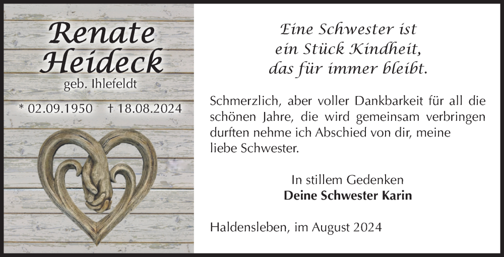  Traueranzeige für Renate Heideck vom 24.08.2024 aus Volksstimme Haldensleben/Wolmirstedt