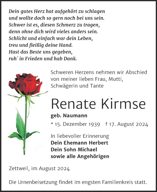 Traueranzeige von Renate Kirmse von Trauerkombi Zeitz