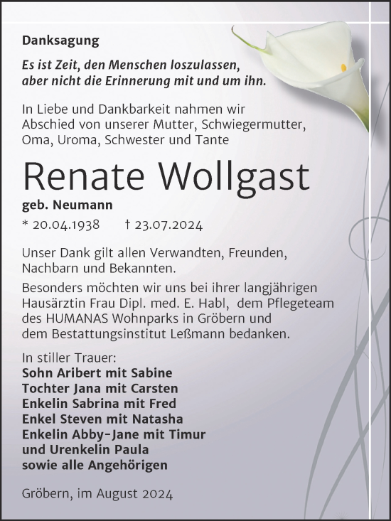 Traueranzeige von Renate Wollgast von Trauerkombi Bitterfeld