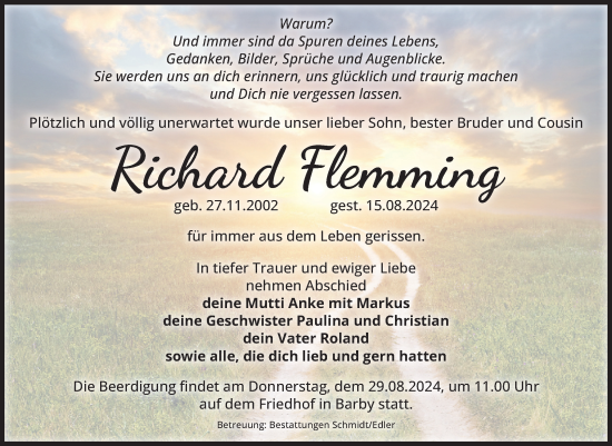 Traueranzeige von Richard Flemming von Volksstimme Schönebeck