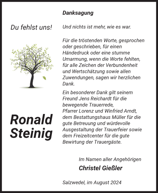 Traueranzeige von Ronald Steinig von Volksstimme Altmark West