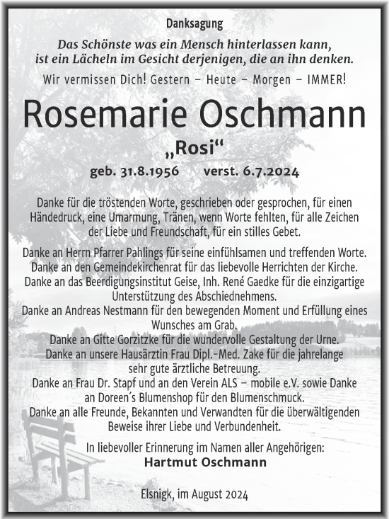 Traueranzeige von Rosemarie Oschmann von Trauerkombi Köthen