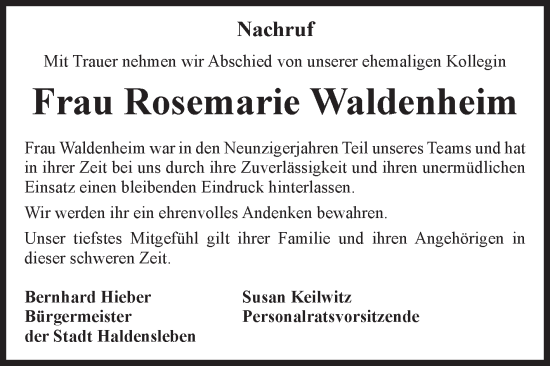 Traueranzeige von Rosemarie Waldenheim von Volksstimme Haldensleben/Wolmirstedt