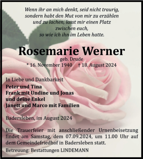 Traueranzeige von Rosemarie Werner von Volksstimme Halberstadt