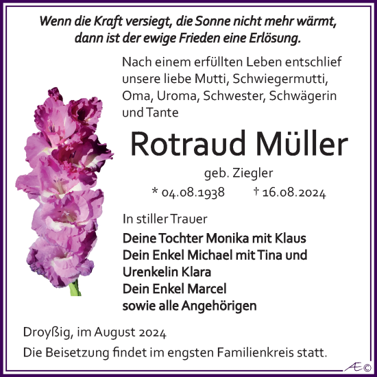 Traueranzeige von Rotraud Müller von Trauerkombi Zeitz