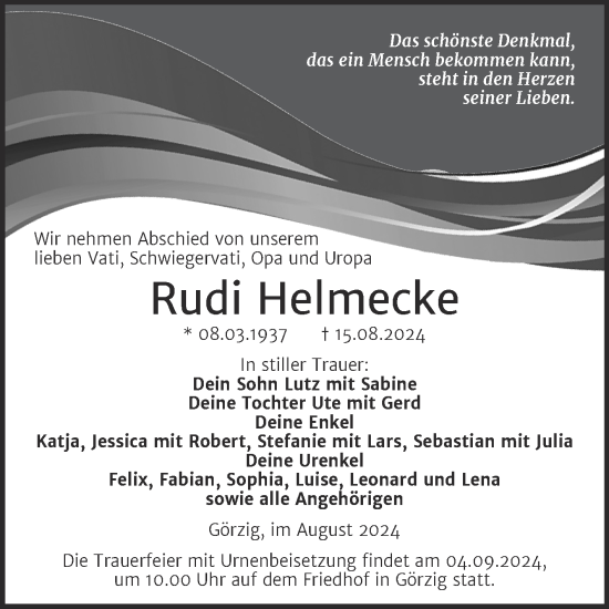 Traueranzeige von Rudi Helmecke von Trauerkombi Köthen