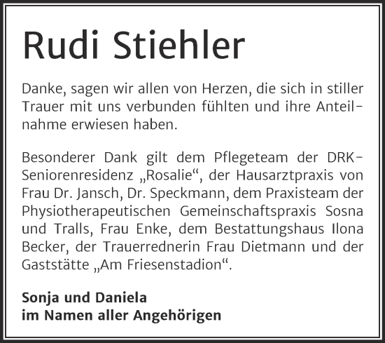 Traueranzeige von Rudi Stiehler von Trauerkombi Sangerhausen