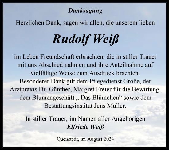 Traueranzeige von Rudolf Weiß von Trauerkombi Aschersleben