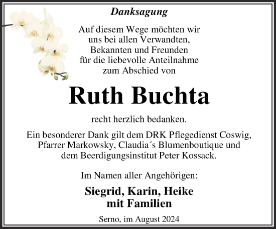 Traueranzeige von Ruth Buchta von Trauerkombi Wittenberg