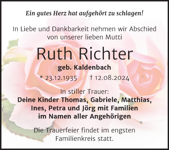 Traueranzeige von Ruth Richter von Trauerkombi Bitterfeld