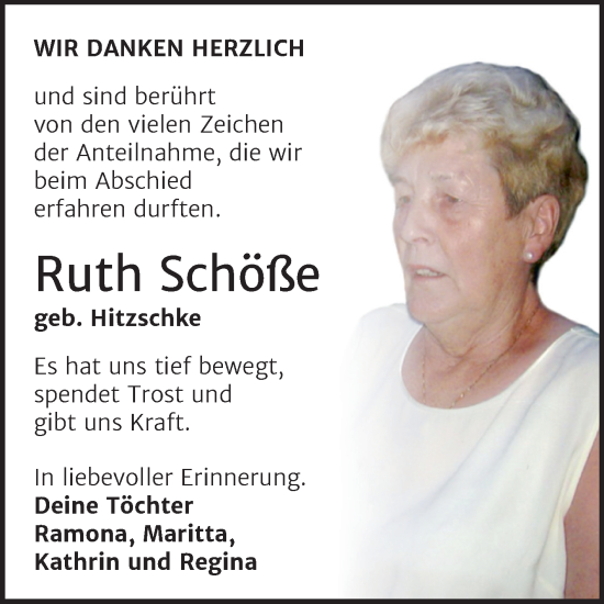 Traueranzeige von Ruth Schöße von Trauerkombi Sangerhausen