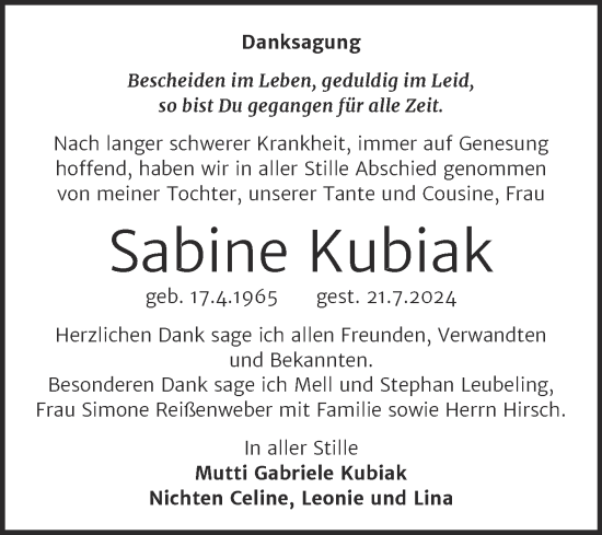 Traueranzeige von Sabine Kubiak von Trauerkombi Weißenfels