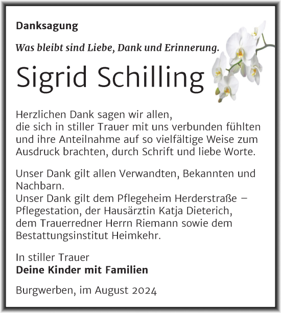 Traueranzeige von Sigrid Schilling von Trauerkombi Weißenfels