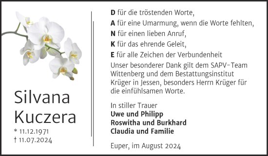 Traueranzeige von Silvana Kuczera von Trauerkombi Wittenberg