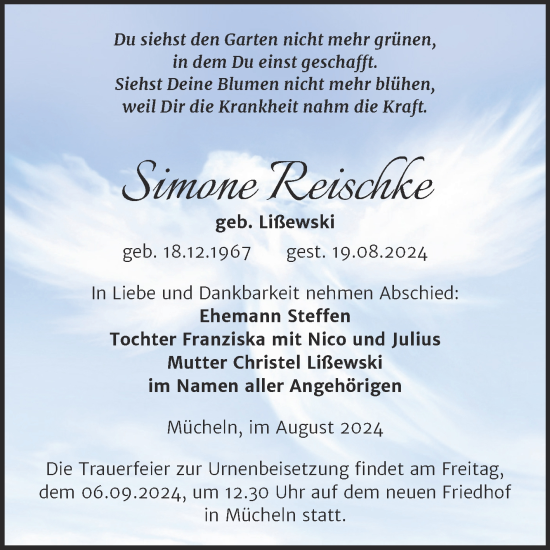 Traueranzeige von Simone Reischke von Trauerkombi Merseburg