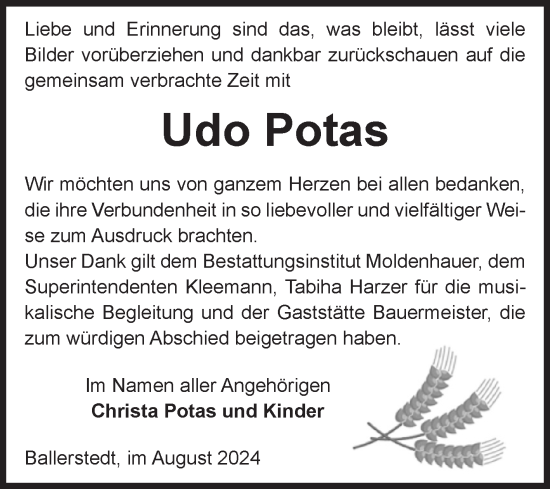Traueranzeige von Udo Potas von Volksstimme Altmark Ost