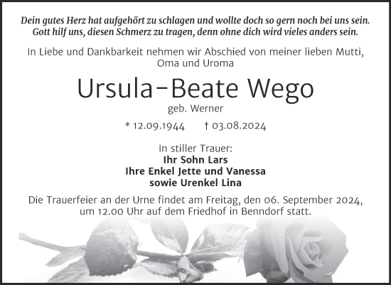 Traueranzeige von Ursula-Beate Wego von Mitteldeutsche Zeitung Merseburg/Querfurt