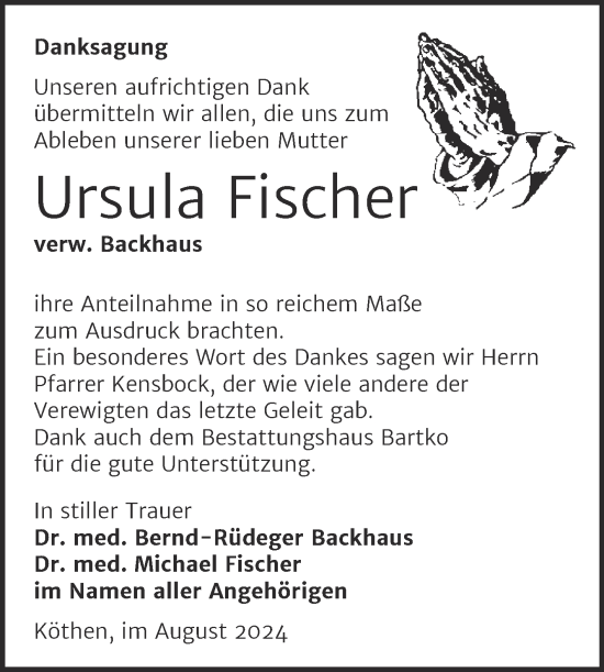 Traueranzeige von Ursula Fischer von Trauerkombi Köthen