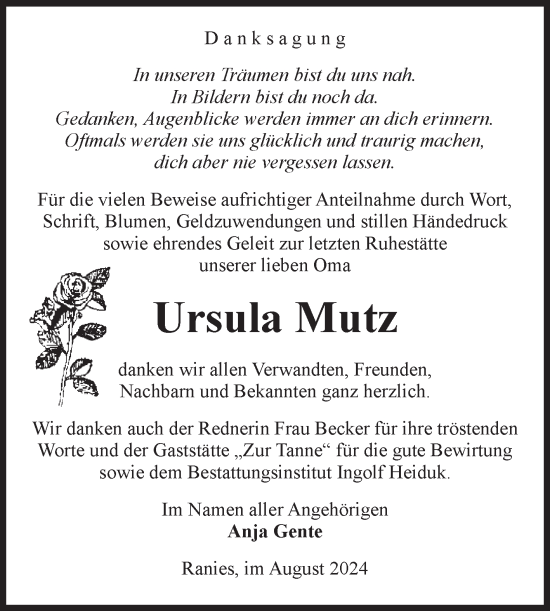 Traueranzeige von Ursula Mutz von Volksstimme Schönebeck