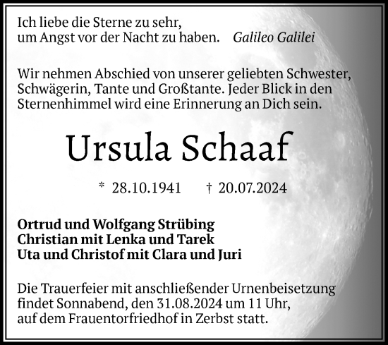 Traueranzeige von Ursula Schaaf von Volksstimme Zerbst