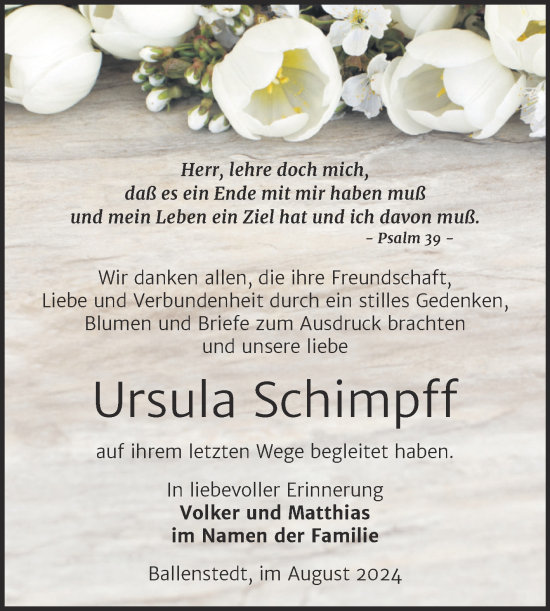 Traueranzeige von Ursula Schimpff von Trauerkombi Quedlinburg
