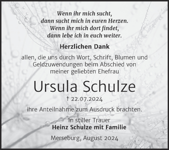 Traueranzeige von Ursula Schulze von Trauerkombi Merseburg