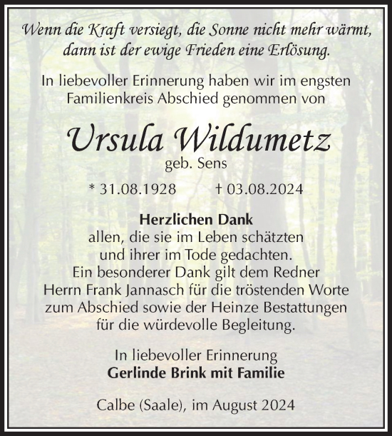 Traueranzeige von Ursula Wildumetz von Volksstimme Schönebeck