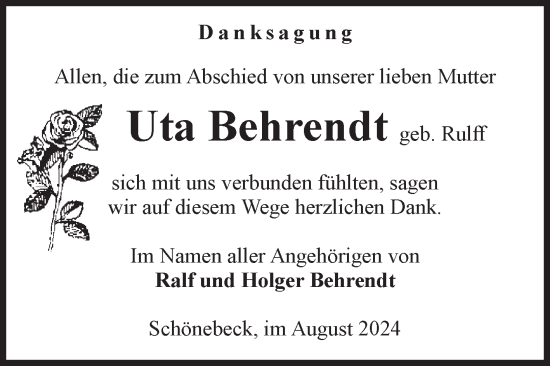 Traueranzeige von Uta Behrendt von Volksstimme Schönebeck