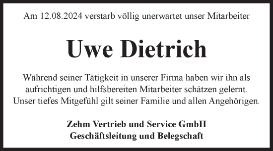 Traueranzeige von Uwe Dietrich 