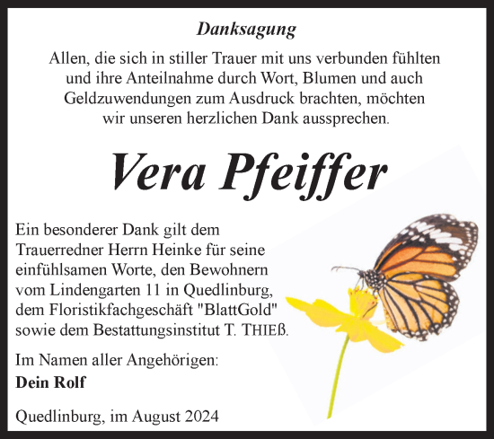 Traueranzeige von Vera Pfeiffer von Trauerkombi Quedlinburg