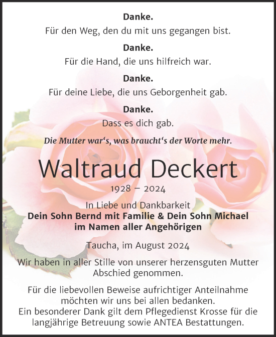 Traueranzeige von Waltraud Deckert von Trauerkombi Weißenfels