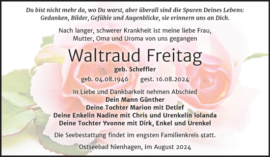 Traueranzeige von Waltraud Freitag von Trauerkombi Bitterfeld