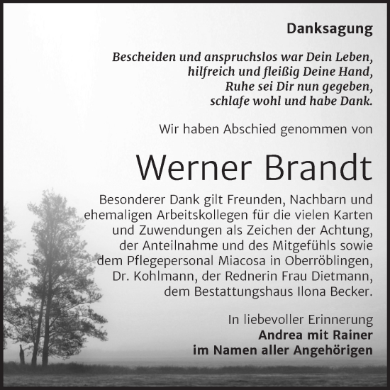 Traueranzeige von Werner Brandt von Trauerkombi Sangerhausen