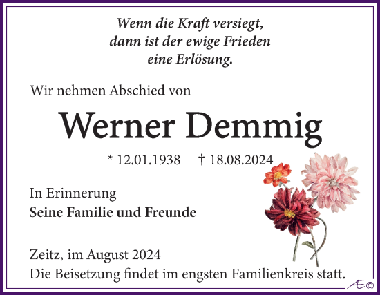 Traueranzeige von Werner Demmig von Trauerkombi Zeitz