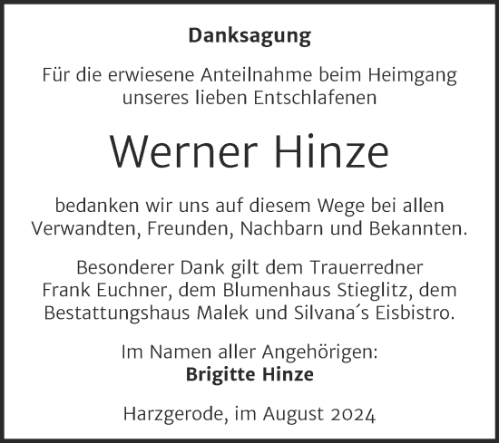 Traueranzeige von Werner Hinze von Trauerkombi Quedlinburg