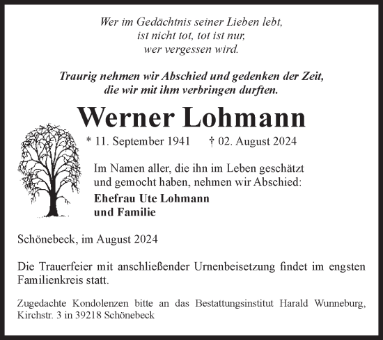 Traueranzeige von Werner Lohmann von Volksstimme Schönebeck