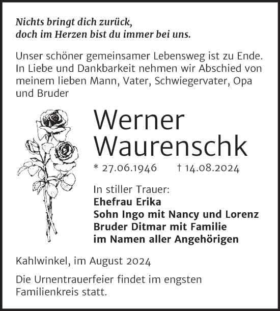 Traueranzeige von Werner Waurenschk von Super Sonntag Naumburg/Nebra