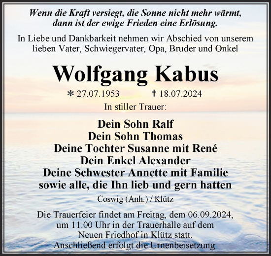 Traueranzeige von Wolfgang Kabus von Trauerkombi Wittenberg