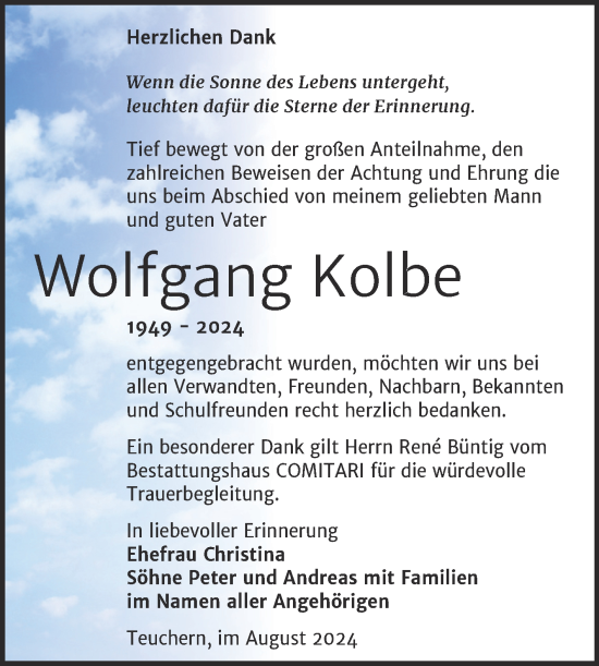 Traueranzeige von Wolfgang Kolbe von Trauerkombi Weißenfels