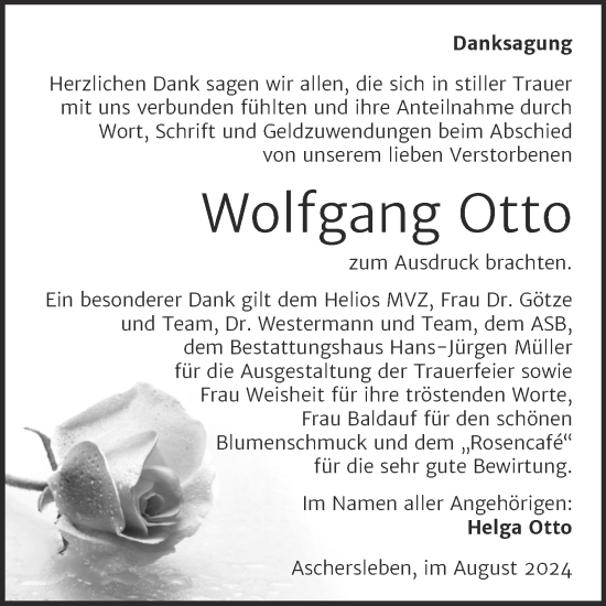 Traueranzeige von Wolfgang Otto von Trauerkombi Aschersleben