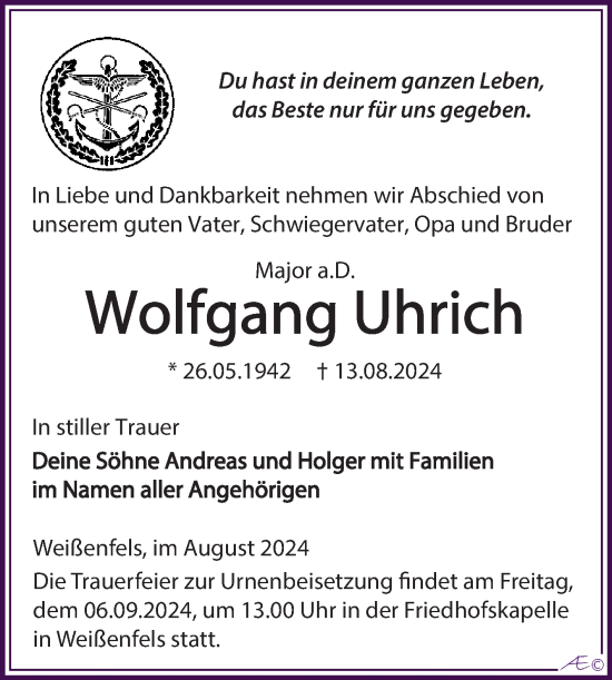 Traueranzeige von Wolfgang Uhrich von Trauerkombi Weißenfels
