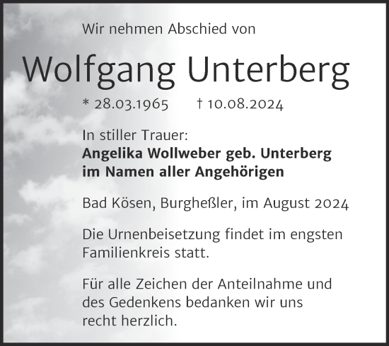 Traueranzeige von Wolfgang Unterberg von Super Sonntag Naumburg/Nebra