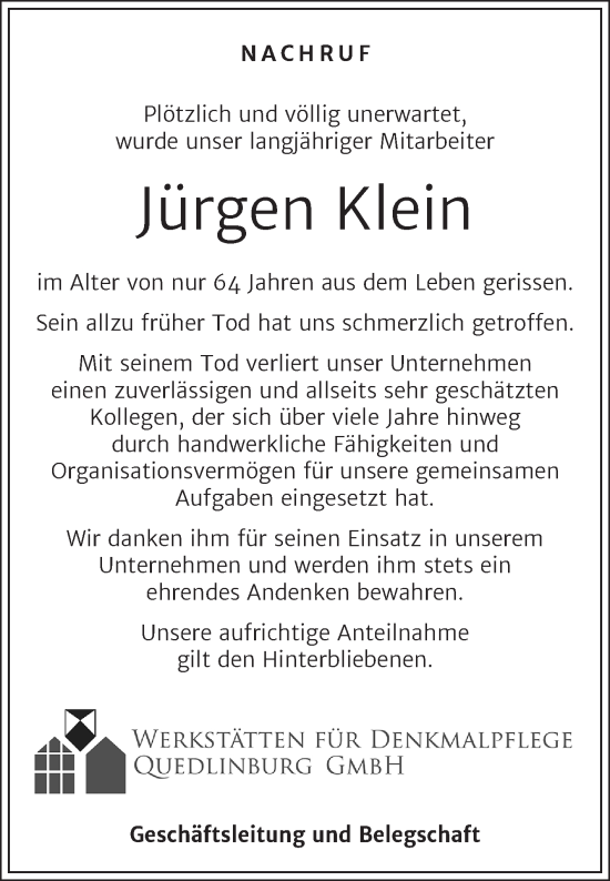 Traueranzeige von Jürgen Klein von Mitteldeutsche Zeitung Quedlinburg