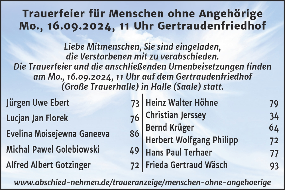  Traueranzeige für Menschen ohne Angehörige  vom 14.09.2024 aus Mitteldeutsche Zeitung Halle
